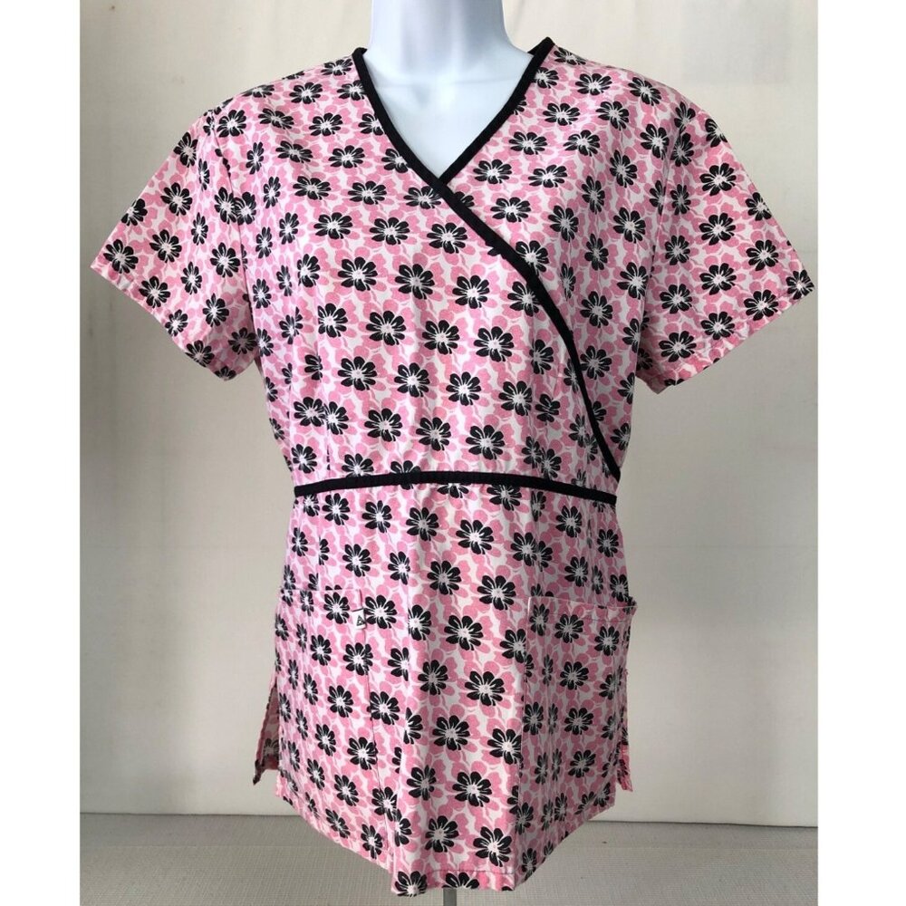 Cherokee Studios Scrub Women Top Size S White w Pink Black Flowers Pockets